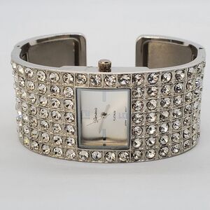 Women's Open Cuff Watch 30MM Silver Dial Crystals Bezel Band 5.5" New Battery